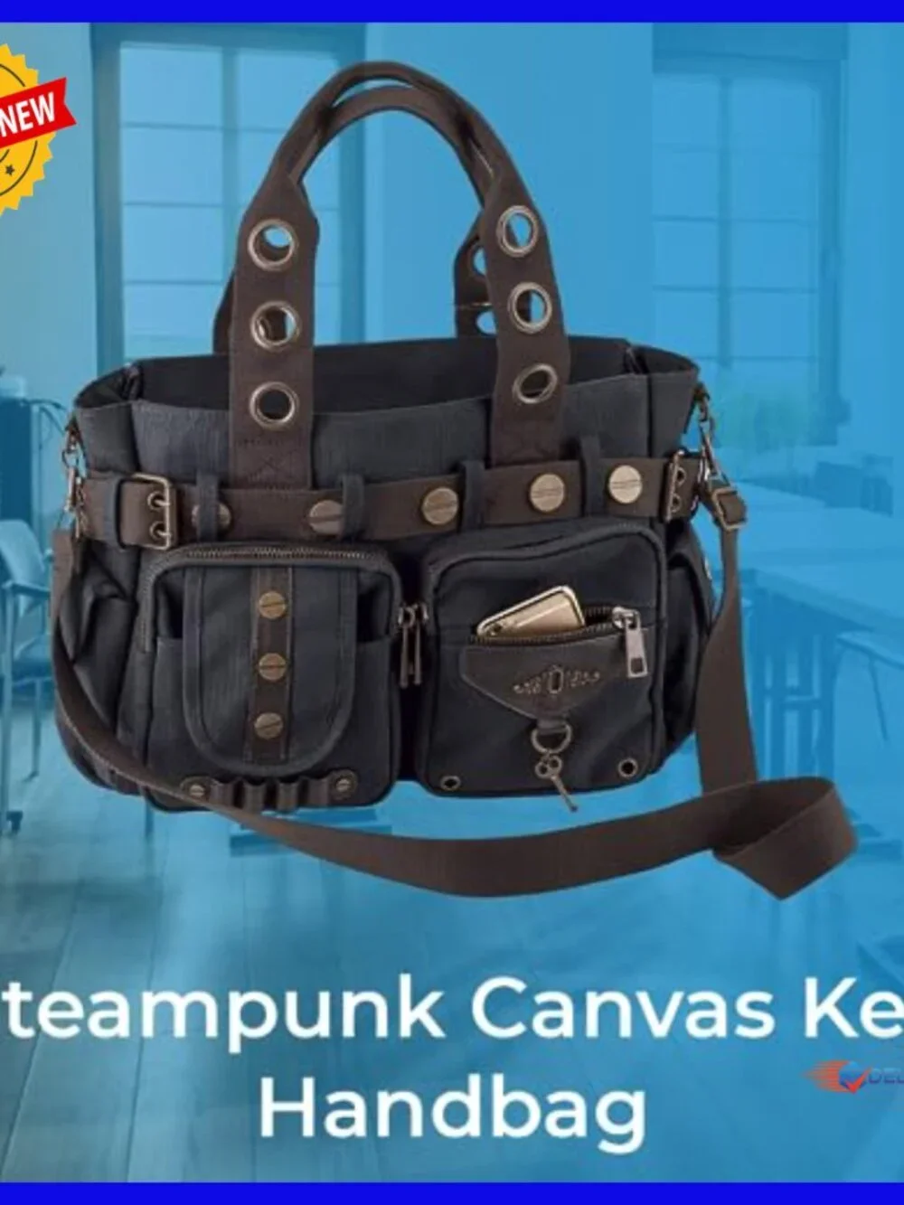 Steampunk Canvas Hobo Handbag with Adjustable Strap, Multi-Pocket Design